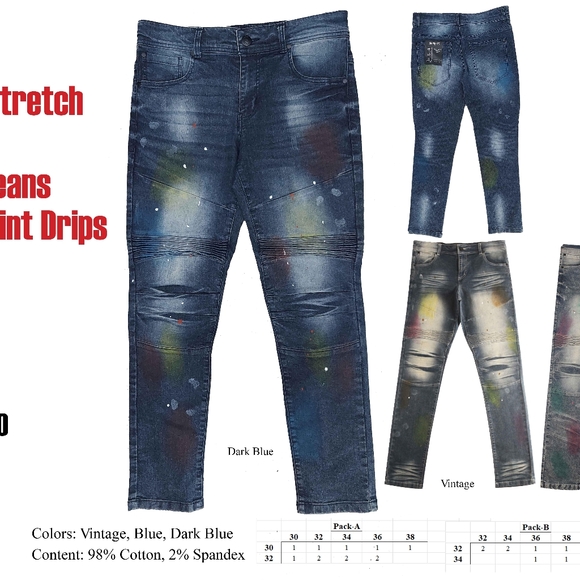 Men's Stretch Denim MOTO Jeans with paint drips - Picture 9 of 9